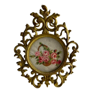 Vintage Italian Floral Embroidery Metal Frame
