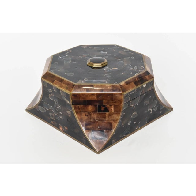 Vintage Maitland Smith Abalone, Horn, Stone and Wood Hinged Large Octagonal Box Rare For Sale - Image 11 of 11
