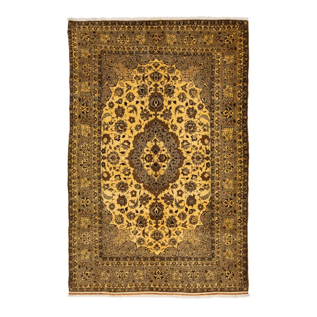 7 X 11 Vintage Handmade Tabriz Wool Rug in Yellow With Medallion Design For Sale