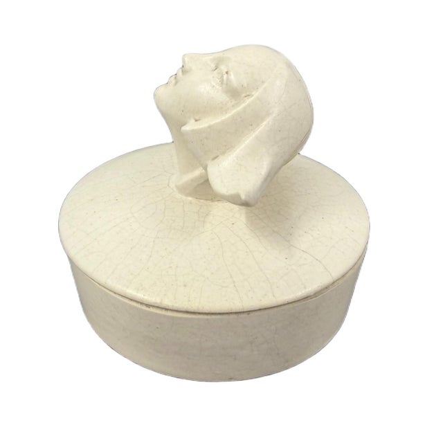 1930s Art Deco Japanese Ceramic Vanity Powder Box With Stylized Female Bust Handle For Sale - Image 4 of 6