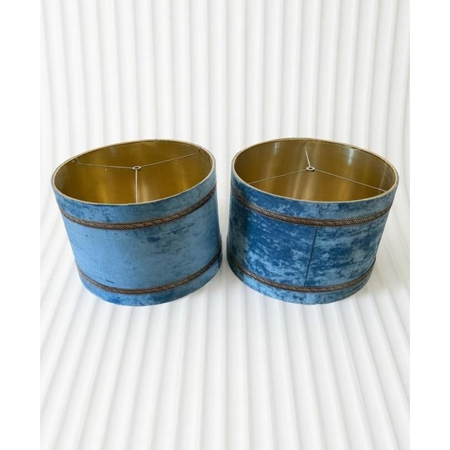 Mid-Century Modern Vintage Hollywood Regency Distressed Robin’s Egg Blue Barley Twist Candelabra Table Lamps With Custom Velvet Shades - a Pair For Sale - Image 3 of 4