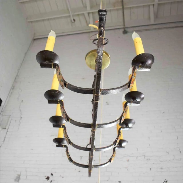 Antique Gothic or Spanish Revival Style Cast Iron Chandelier Viking Longboat Ship With Horse Head and Shields For Sale - Image 10 of 13