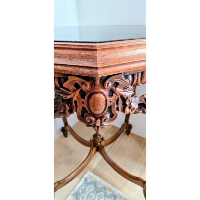 Victorian Octagonal Black Marble Accent Table – Ornate Carved Wood Base For Sale In Dallas - Image 6 of 9