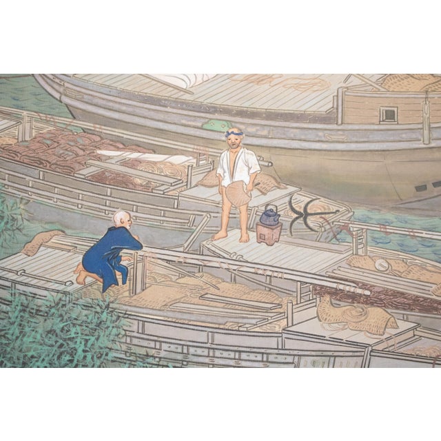 XXL "Fishing Village" by Yoshika, Taisho Japanese Silk Scroll Painting, in Original Wooden Case For Sale - Image 10 of 18