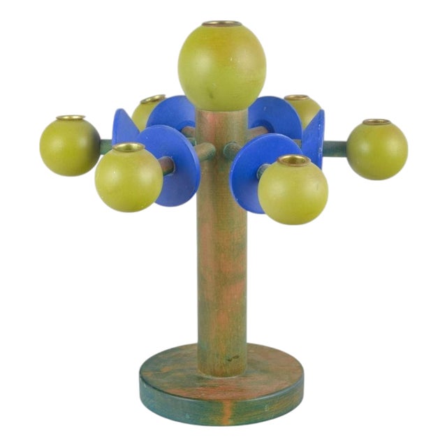 Nora Stad Sweden Colorful Wooden Candlestick by Lisa Larson for Sandbergs, 1980s For Sale
