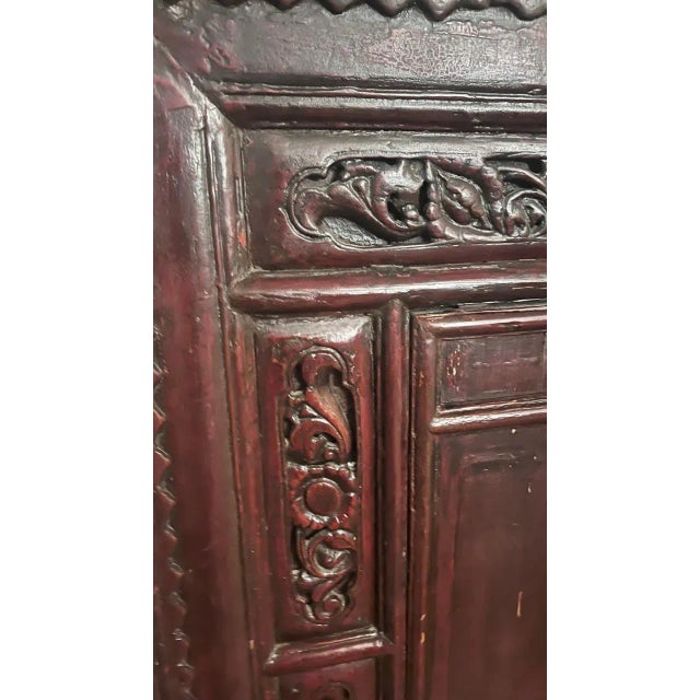 Wood Late 20th Century Monumental Chinese Style Carved Wood Wedding Cabinet With Timeworn Patina For Sale - Image 7 of 12