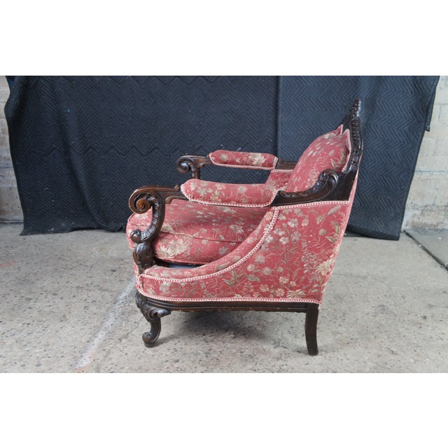 Red Antique Victorian Carved Mahogany Baroque Rococo Fauteuil Parlor Armchair For Sale - Image 8 of 14