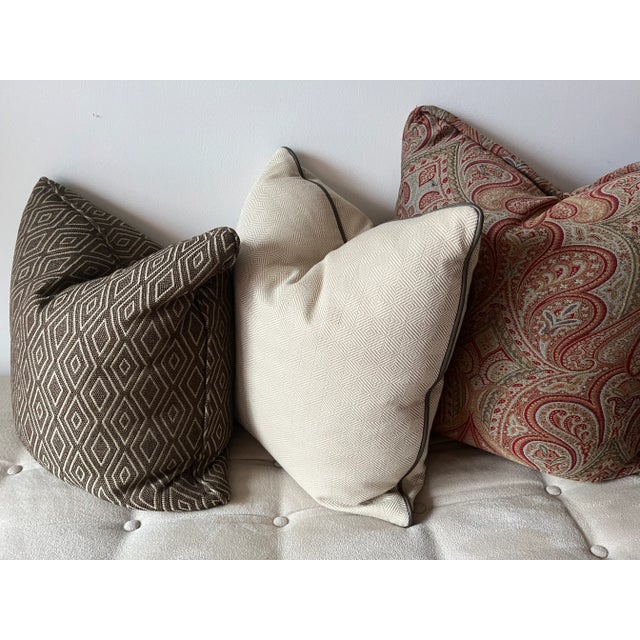 2020s Custom Beige Wool Twill Pillow-Leather Trim-Feather Insert-20" For Sale - Image 5 of 8