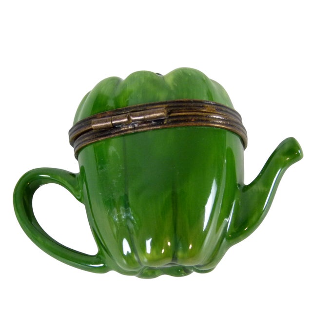French Limoges France Porcelain Green Pepper Tepot Trinket Box | Hand Painted by Jd Artisan Decorating Studio For Sale - Image 3 of 10