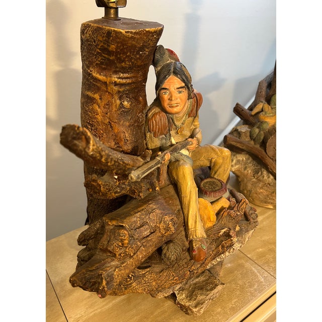 Vintage Rustic Cabin Apsit of California American Indian Scenes Chalk Lamps - Set of 2 For Sale - Image 9 of 9