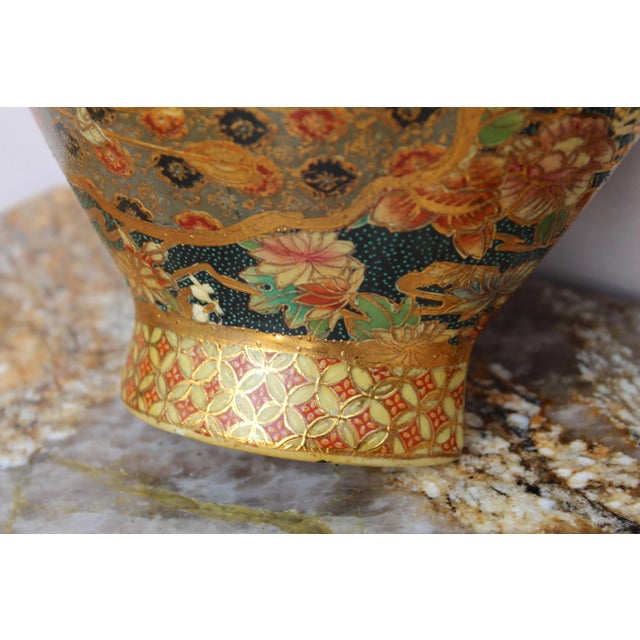 Pair of Vintage Japanese Royal Satsuma Wall Pocket Vases - Hand-Painted Porcelain Fan-Shaped With Geisha & Floral Motifs For Sale - Image 13 of 18