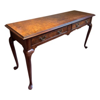 Vintage Queen Anne Burl Wood Console Table With Drawers For Sale