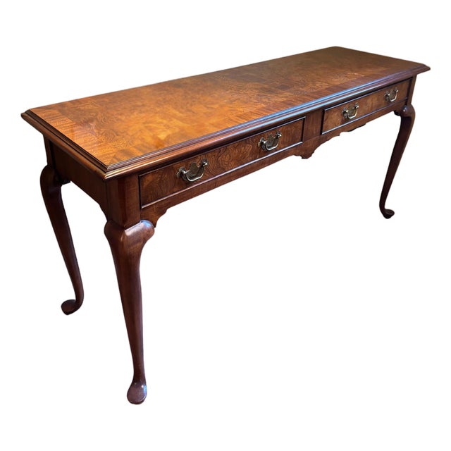 Vintage Queen Anne Burl Wood Console Table With Drawers For Sale