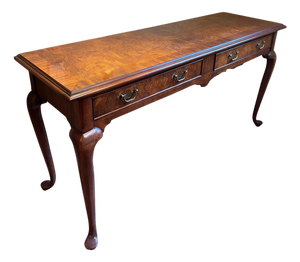 Vintage Queen Anne Burl Wood Console Table With Drawers