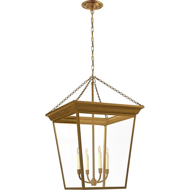 Traditional Chapman & Myers for Visual Comfort Signature Cornice Large Lantern in Hand-Rubbed Antique Brass For Sale - Image 3 of 4