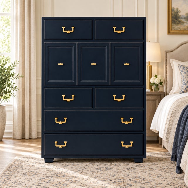 Ebony 1970s Vintage Henredon Artefacts Tall Chest in Midnight Blue With Brass Hardware For Sale - Image 8 of 8