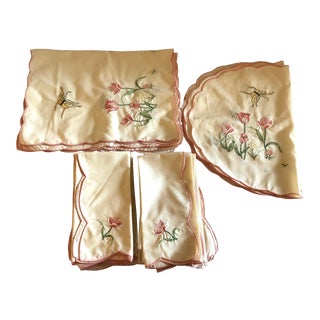 Late 20th Century Hand Embroidered Placemat and Napkin Set - Set of 23 For Sale