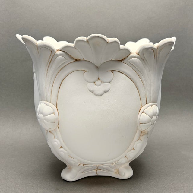 Traditional Vintage Neoclassical Rococo Revival White Bisque Ceramic Footed Jardiniere Planter For Sale - Image 3 of 11