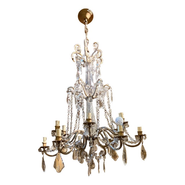 19th Century Italian Louis XV Style Murano Glass and Crystal 12-Light Cage Chandelier For Sale