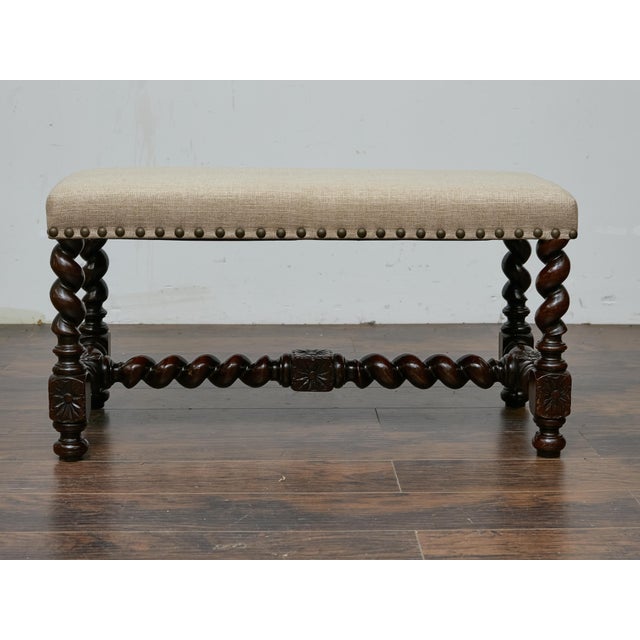 English Barley Twist Bench With Upholstered Seat, Circa 1900 For Sale - Image 11 of 18
