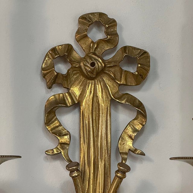 Pair Antique French Louis XVI Neoclassical Cast Brass Wall Sconces For Sale - Image 10 of 12