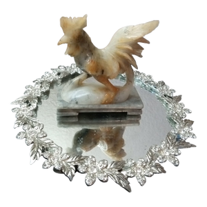 1980s Gorgeous Hand Carved Variegated Onyx Rooster Figurine on Pedestal Made in Italy