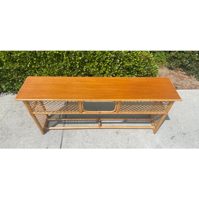 Wood Vintage Rattan Console Sofa Table Woven Trellis Design For Sale - Image 7 of 8