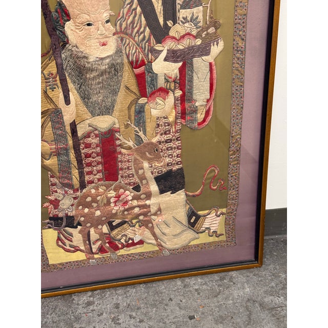 Shou Lao + Deer Silk Vintage Embroidery, Framed For Sale - Image 12 of 12