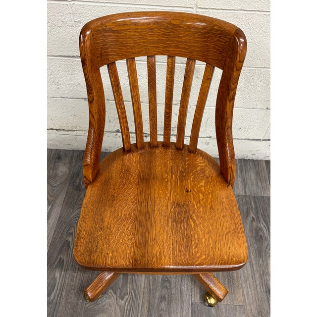 Antique Oak Adjustable Swivel Desk Chair Banker Lawyer Jury Office Chair For Sale - Image 4 of 11