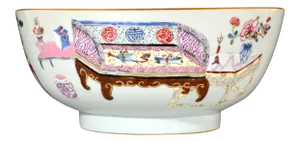 Chinese Export Famille Rose Porcelain Bowl With Chinese "Antiques" & Scholar's Items on Furniture, Qianlong Period, Circa 1735-40