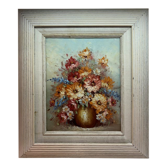 Vintage Impasto Oil Floral Still Life Oil Painting in Textured Cream Wood Frame For Sale