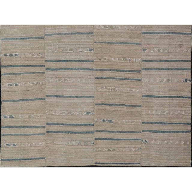 Blue Mid 20th Century Turkish Vintage Paneled Kilim Vintage Rug in Muted Colors With Blue Highlights For Sale - Image 8 of 11