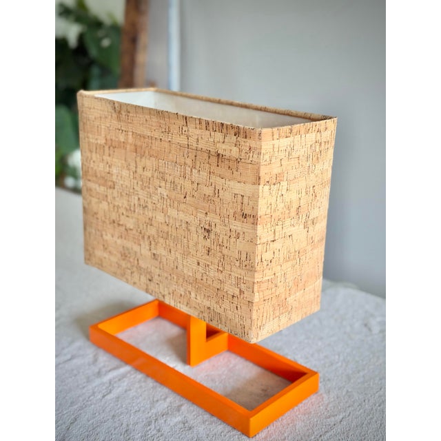 Wood Vintage Italian Postmodern Style Orange Table Lamb With Rectangular Cork Lamp Shade in Style of Memphis Milano Modernist Design For Sale - Image 7 of 12