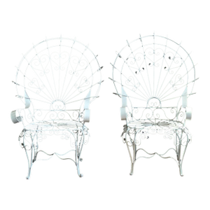 Vintage Regency Wrought Iron Peacock Salon Chairs After Salterini - A Pair