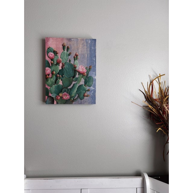 Contemporary Prickly Pear in Flower by Terra Novak | Oil on wood Cactus with pink flowers and buds For Sale - Image 3 of 5
