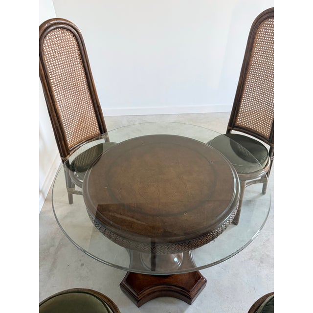 Chestnut Woven Reed + Faux Leather Center Dining Table After Tommy Bahama 36" Glass Top For Sale - Image 8 of 17