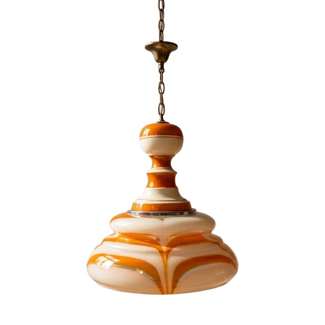 Italian Art Glass Pendant Lamp in Orange and White, 1970s For Sale