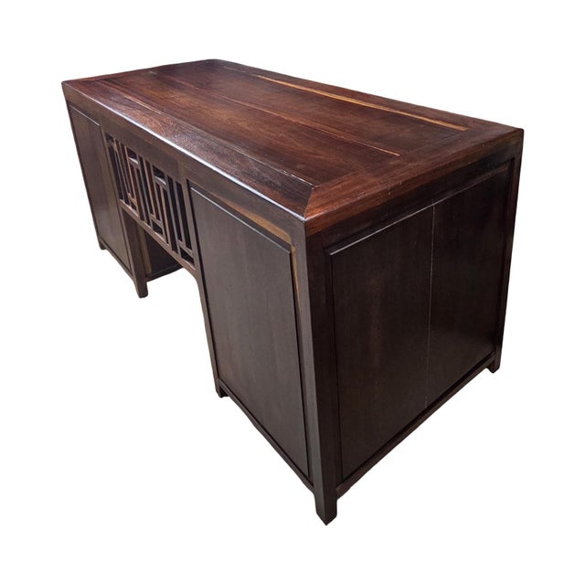 Asian Vintage Asian-Inspired Dark Wood Executive Desk With Brass Hardware & Fretwork For Sale - Image 3 of 12