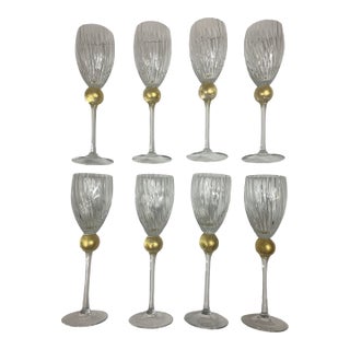Vintage Union Street Glass Set of 8 Manhattan Gold Fluted Wine Glasses, Signed For Sale