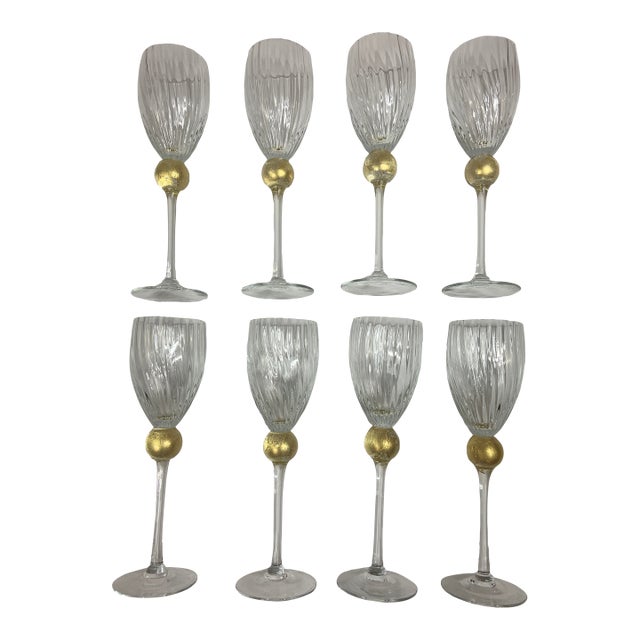 Vintage Union Street Glass Set of 8 Manhattan Gold Fluted Wine Glasses, Signed For Sale