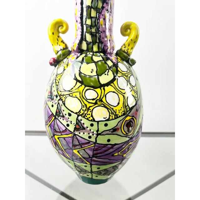 Abstract Studio Multi-Color Hand Painted Ceramic Vase Signed & Dated 1999 For Sale - Image 14 of 17