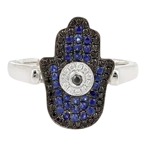 Evil Eye Hamsa 18k White Gold Diamond & Black Blue Sapphires Ring