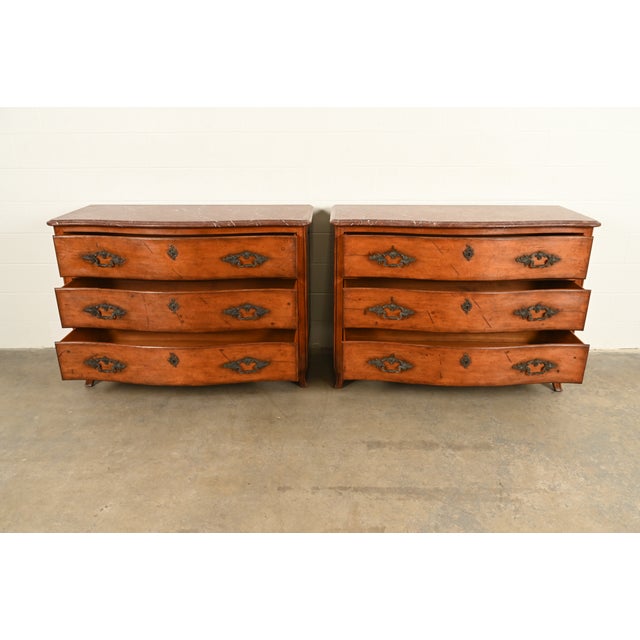 Late 20th Century Ralph Lauren French Provincial Louis XV Carved Walnut Marble Top Commodes or Chests of Drawers, Pair For Sale - Image 5 of 16