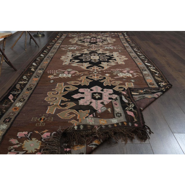 Brown Turkish Vintage Handmade Kilim Wool Runner Rug 70's For Sale - Image 4 of 11