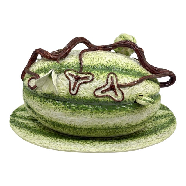 Vintage Italian Majolica Green Stipe Melon Tureen Tablescape Decor For Sale