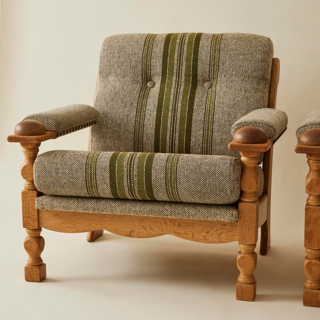 Wood Danish Mid Century Oak Easy Chairs With Wool Cushions, a Pair, 1970's For Sale - Image 7 of 10