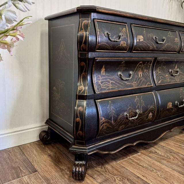 Vintage-Style Chinoiserie Black Bombe Chest | Hand-Painted Accent Dresser For Sale In Salt Lake City - Image 6 of 12