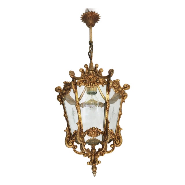 French Louis XV Style Brass and Etched Starburst Glass Lantern, 1950s For Sale