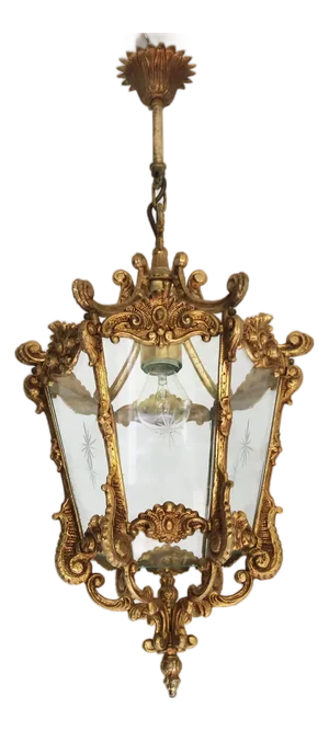 French Louis XV Style Brass and Etched Starburst Glass Lantern, 1950s