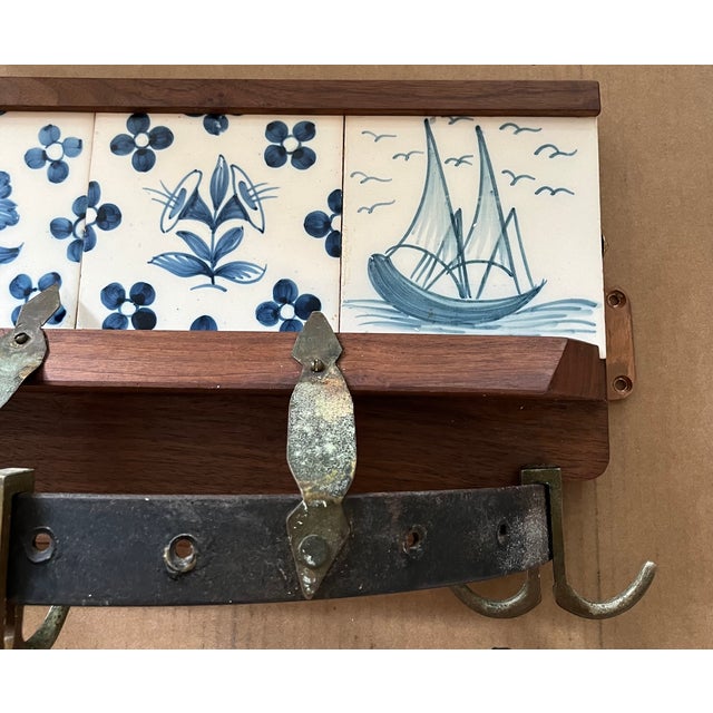 Rustic European Antique Pot Holder or Coat Rack With 4 Delft Like Blue and White Tiles - Handmade and Mounts on Wall For Sale - Image 3 of 13